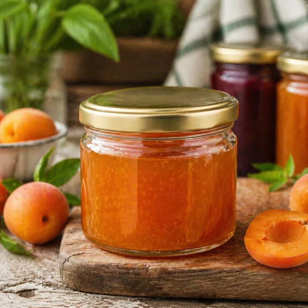 700 g słoik miodu BasicSeal ze złotą pokrywką wypełniony dżemem morelowym obok świeżych moreli na drewnianej desce