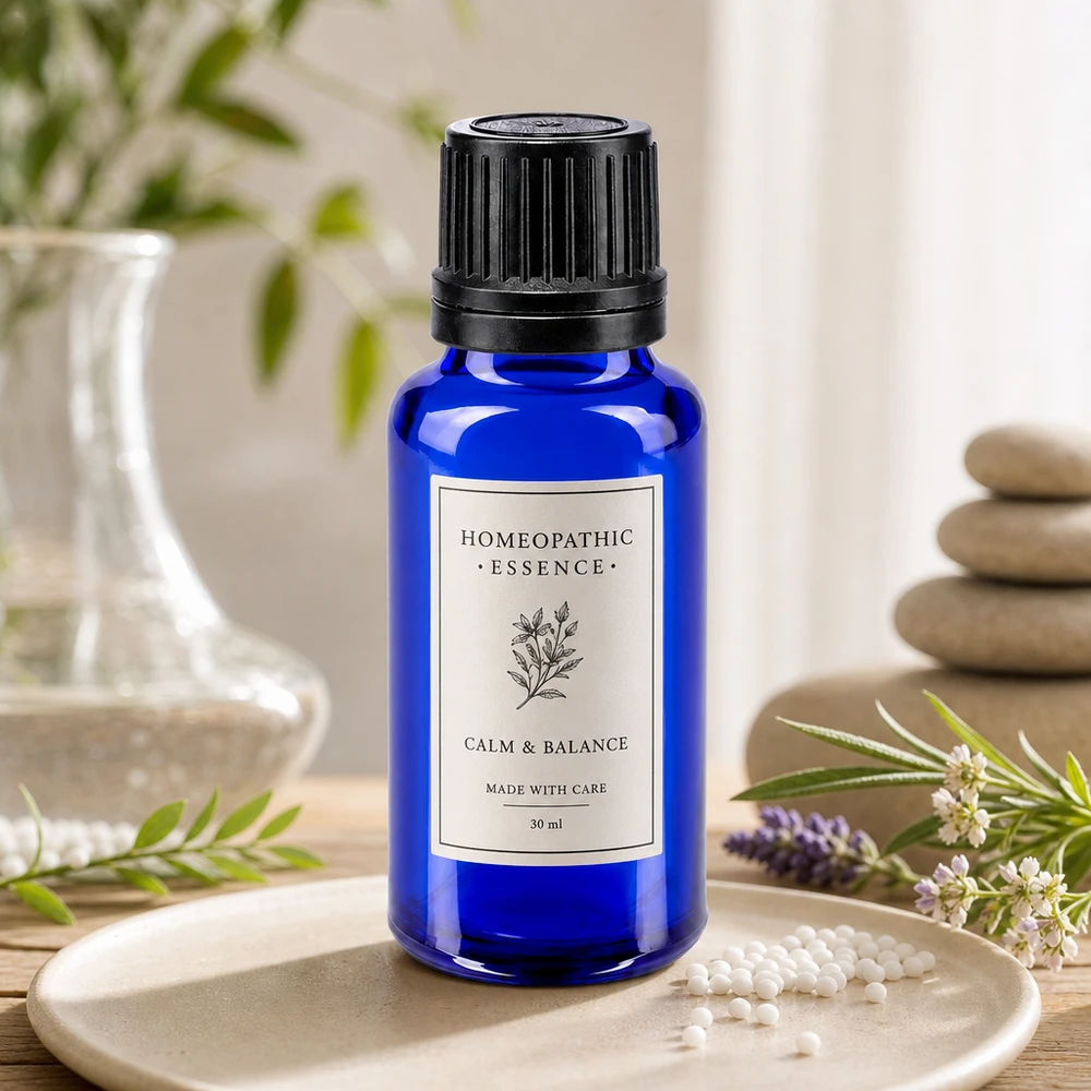 Esencja homeopatyczna w kobaltowo-niebieskiej szklanej buteleczce o pojemności 20 ml z czarną zakrętką, umieszczona na ceramicznej podstawce