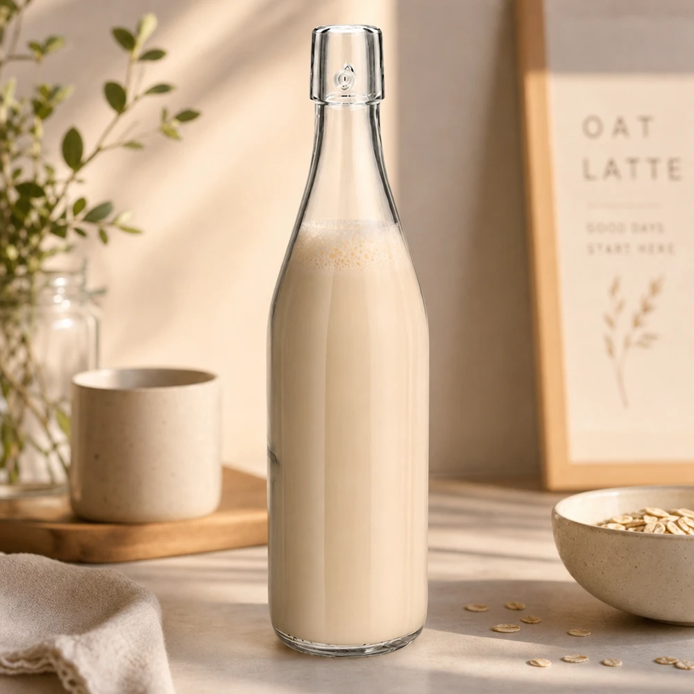 500 ml szklana butelka UNiTWIST wypełniona mlekiem owsianym w naturalnej kuchni z płatkami owsianymi jako scena zdrowego stylu życia