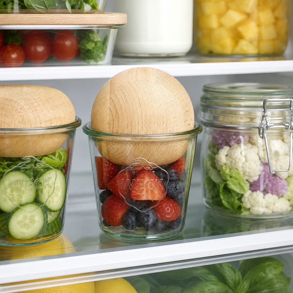 Kubki 580ml WECK RR100 z drewnianą kulką buk WECK Sturzglas RR100 580ml mit Buchenholzkugel zur Frischehaltung von Beeren und Gemüse im Kühlschrank
