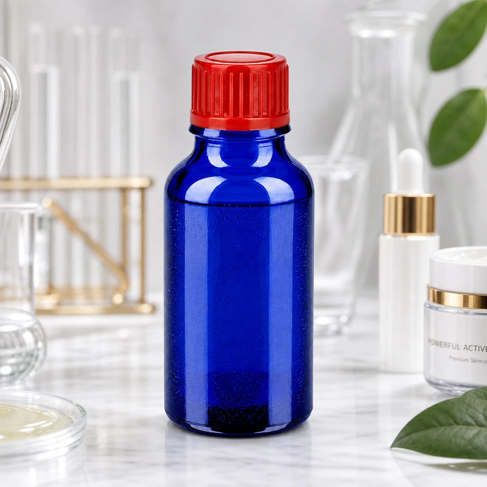 Kompaktowa szklana butelka 20 ml w jasnoniebieskim kolorze z praktyczną czerwoną zakrętką do użytku laboratoryjnego i domowego