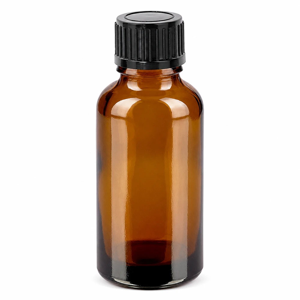 30 ml butelka 11 mm SV czarna STD BrownLine UT18/30 Butelka z bursztynowego szkła o pojemności 30 ml z czarną zakrętką do olejków eterycznych i kosmetyków