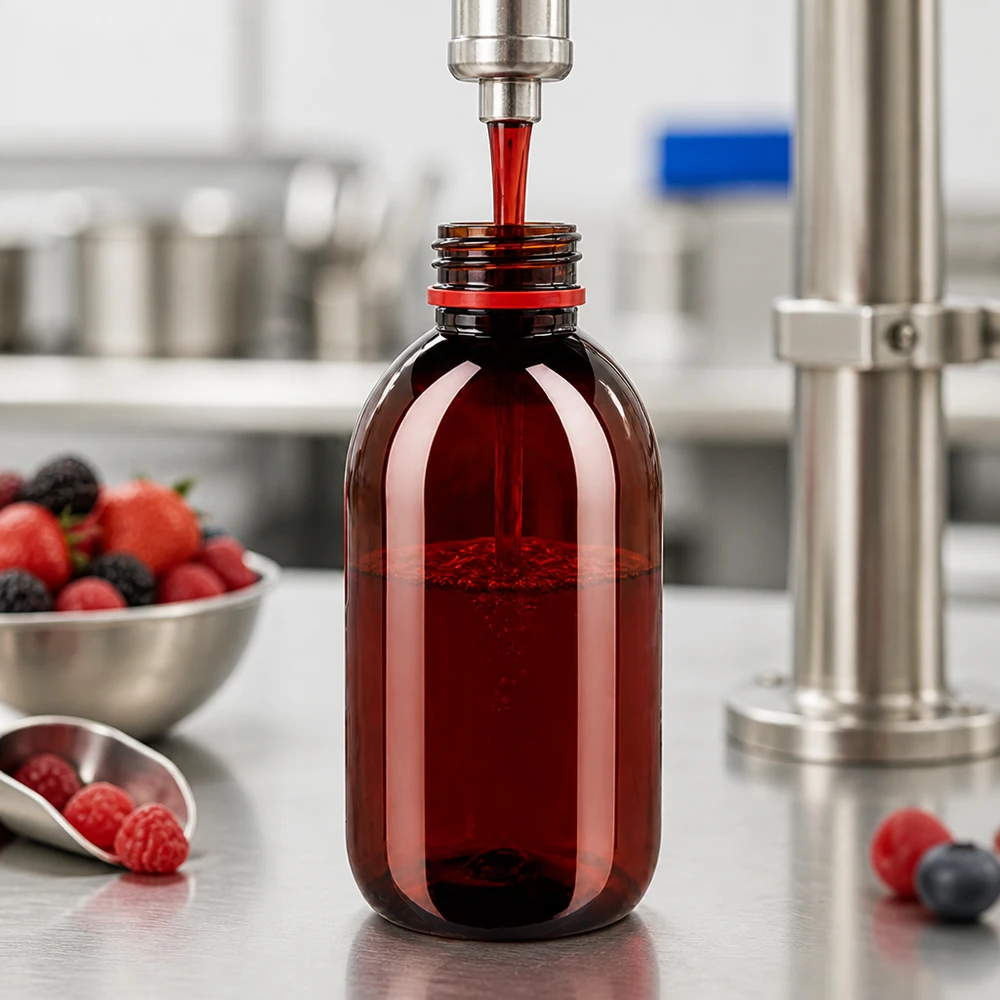 Butelka PET w kolorze bursztynowym o pojemności 250 ml z czerwoną nakrętką, napełniona czerwonym sokiem jagodowym