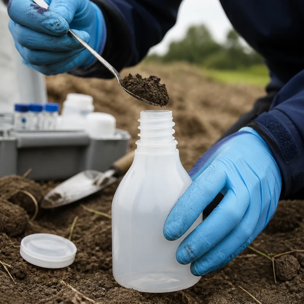 Próbkę gleby nabiera się łyżką i umieszcza w plastikowej butelce laboratoryjnej o wąskiej szyjce o pojemności 30 ml