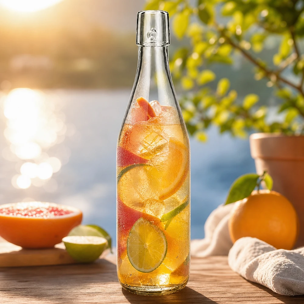 500 ml szklana butelka UNiTWIST wypełniona mrożoną herbatą i owocami do letniego orzeźwienia na świeżym powietrzu z owocami cytrusowymi