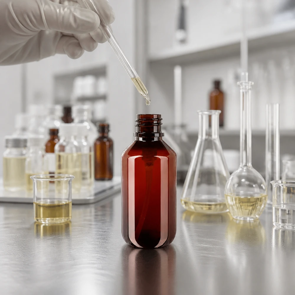 Butelka PET 200ml z pompką dozującą czarna Pusta butelka PET o pojemności 200 ml w kolorze bursztynowym, bez nakrętki, na powierzchni ze stali nierdzewnej w laboratorium