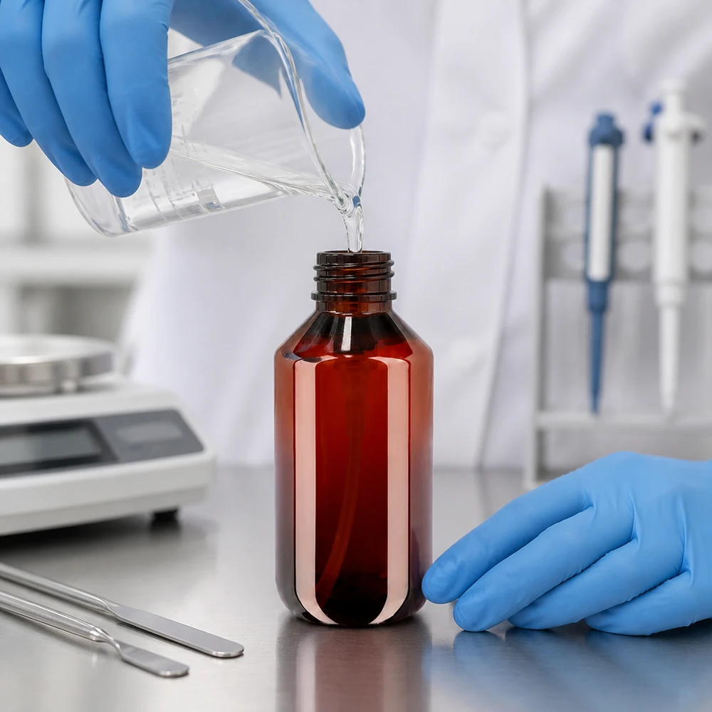 Butelka PET 200ml z pompką dozującą biała 200ml PET Rundflasche bernsteinfarben mit weisser Dispenserpumpe neben Laborwaage und Pipetten