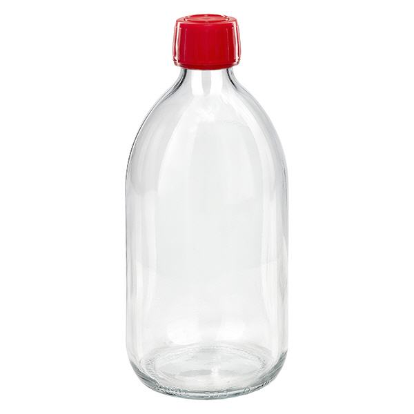 Butelka na lek 500 ml przezroczysta, czerwona zakr&#281;tka z pier&#347;cieniem zabezpieczaj&#261;cym ApoGlas. Farmaceutyczna jako&#347;&#263; produkcji UE. Gwint 28 mm (PP28). (syrop, butelka z lekkiego szk&#322;a)