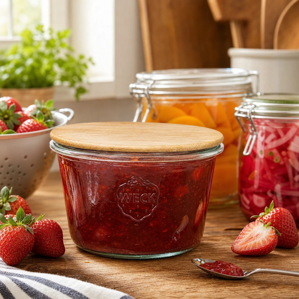Kubki WECK RR100 o pojemności 370 ml z drewnianą pokrywką Słoik WECK RR100 wypełniony dżemem truskawkowym w kuchennej atmosferze ze świeżymi truskawkami i słoikami na przetwory