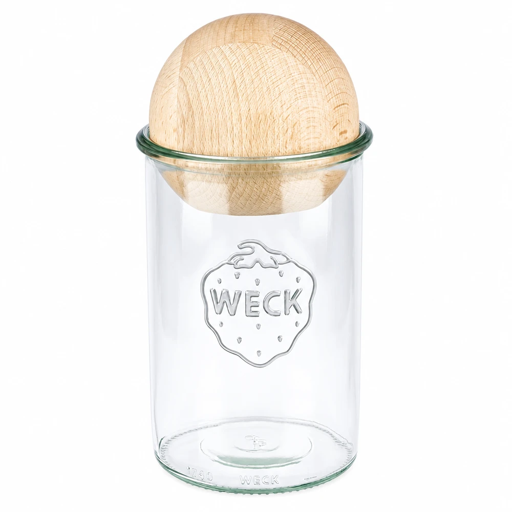 Kubki WECK 1000ml RR100 z pokrywką z drewna bukowego, słoik na przetwory z logo na białym tle