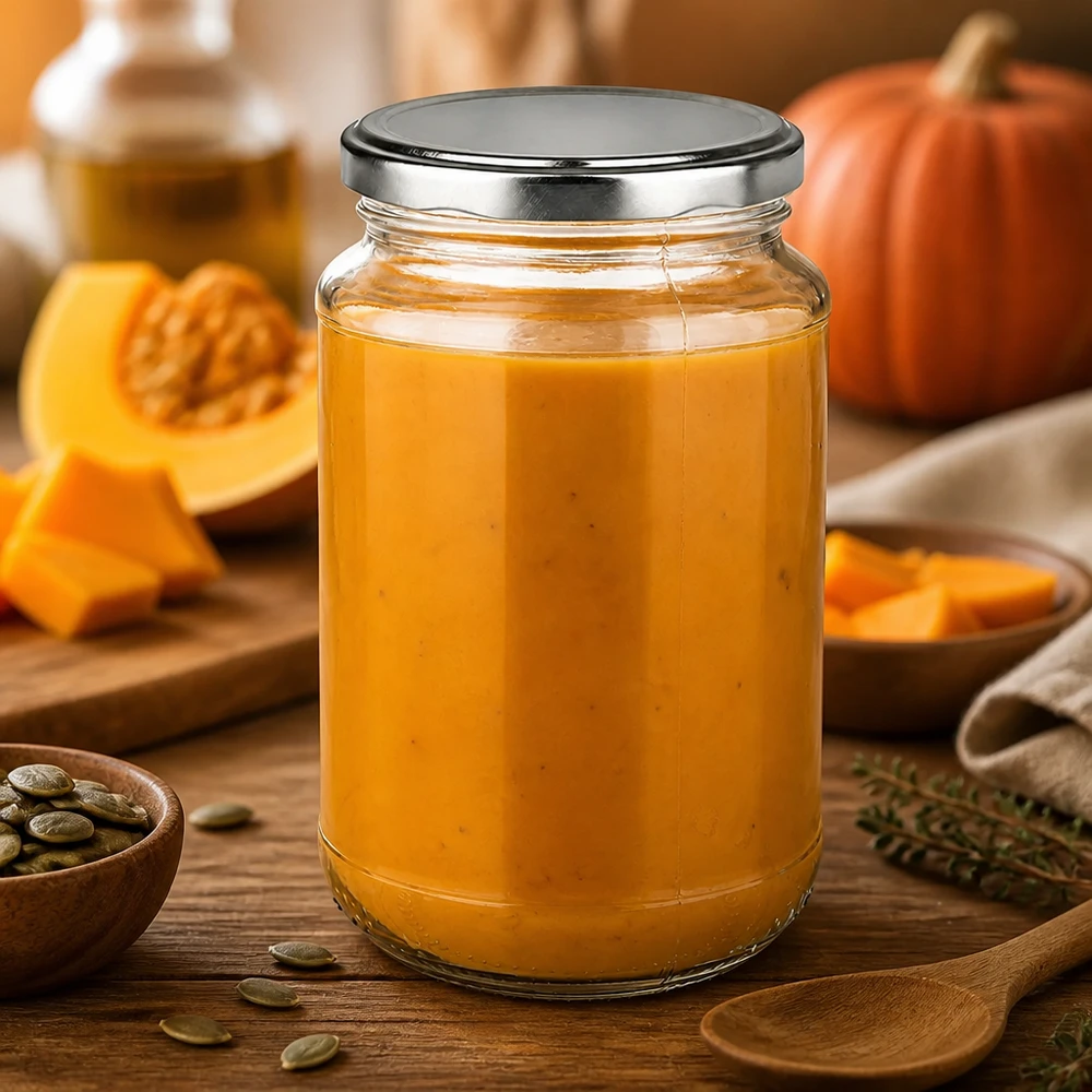 Domowy puree z dyni w okrągłym słoiku UniTwist o pojemności 320 ml ze srebrną pokrywką BasicSeal