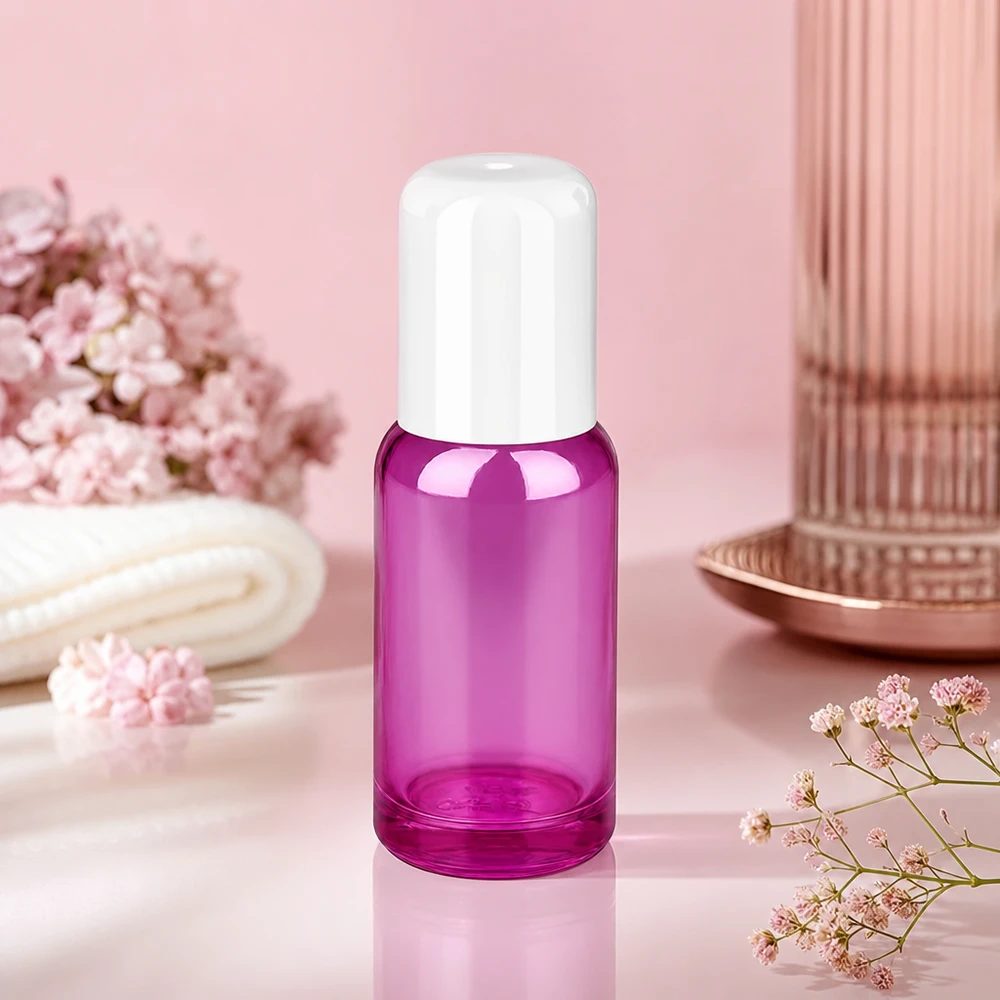 Wysokiej jakości szklana butelka 20 ml z zakrętką typu roll-on w kolorze przezroczystego fioletu do produktów kosmetycznych