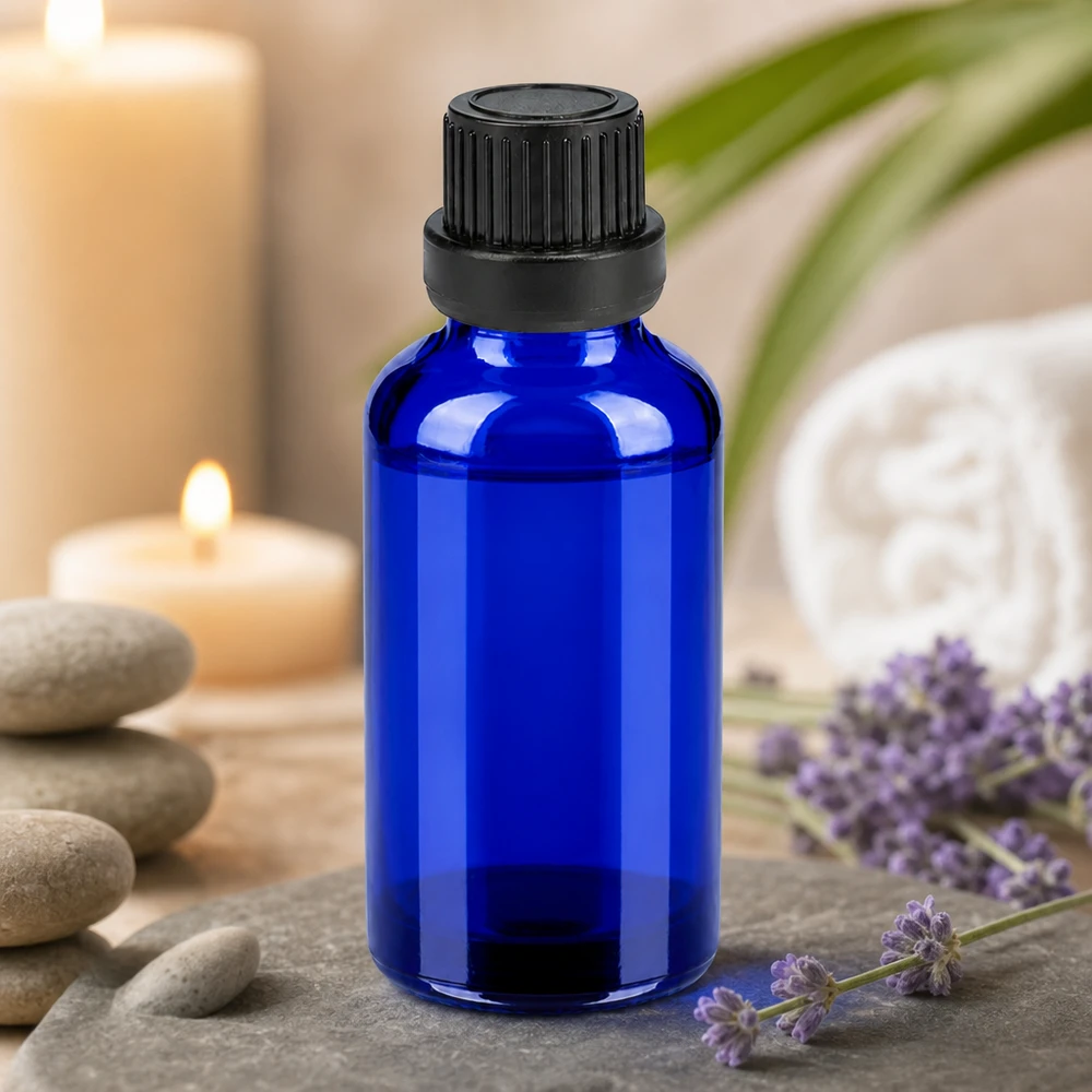 Butelka 30 ml 11 mm SV czarna OV BlueLine UT18/30 Szklana butelka o pojemności 30 ml w eleganckim kolorze kobaltowego błękitu z czarną zakrętką umożliwiającą łatwe manipulowanie.