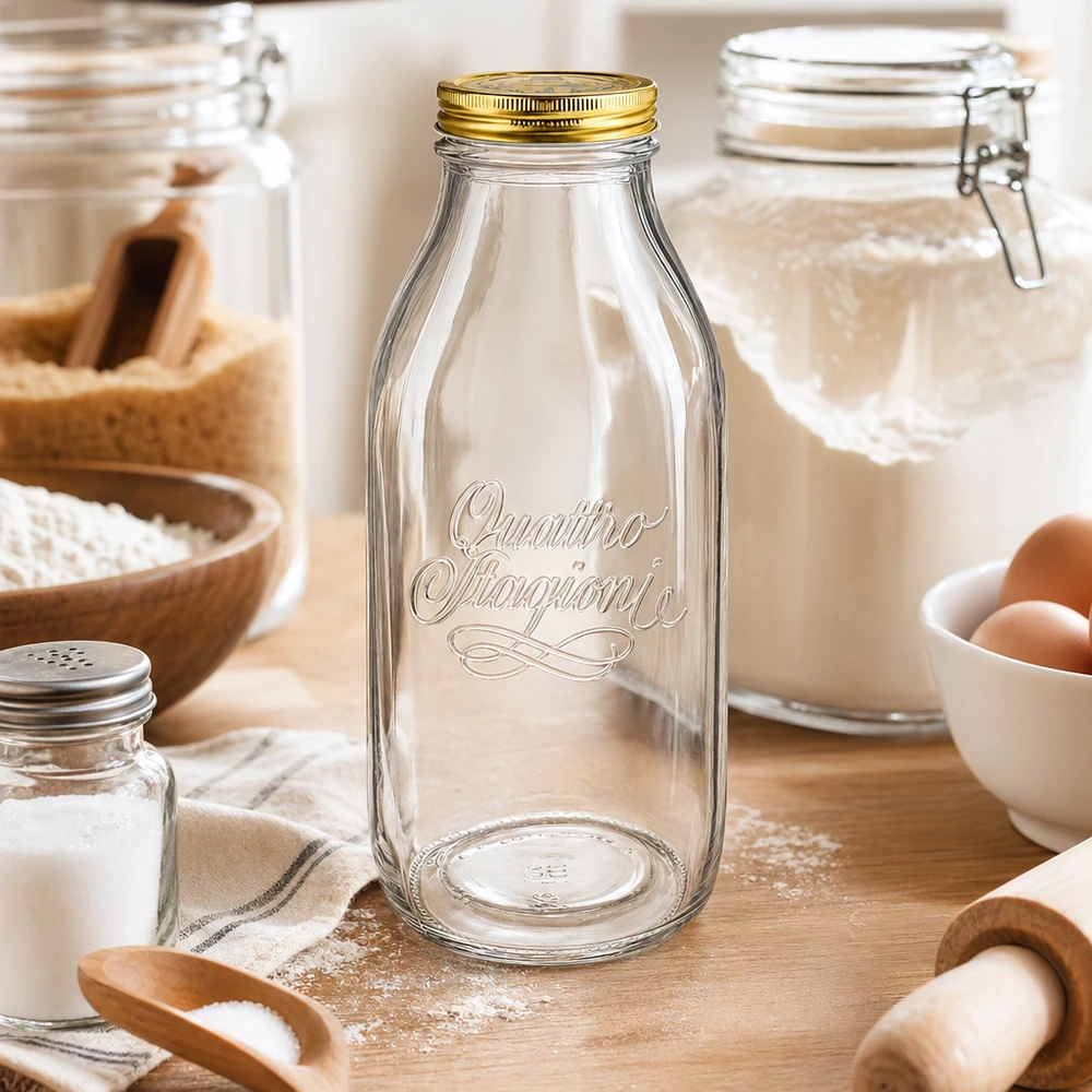 Butelka szklana 1000 ml „Quattro Stagioni” z pokrywką Szklana butelka Quattro Stagioni 1000 ml ułożona w rustykalnej kuchni ze składnikami do pieczenia, mąką, jajkami i drewnianymi przyborami.