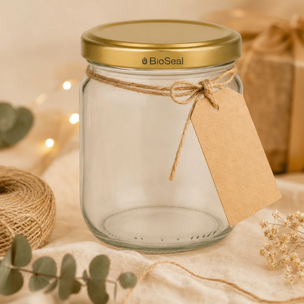 500g Honigglas mit goldenem Deckel BioSeal UNiTWIST Pusty słoik na miód BioSeal 500 g z przywieszką prezentową i jutowym sznurkiem ozdobionym suszonymi kwiatami