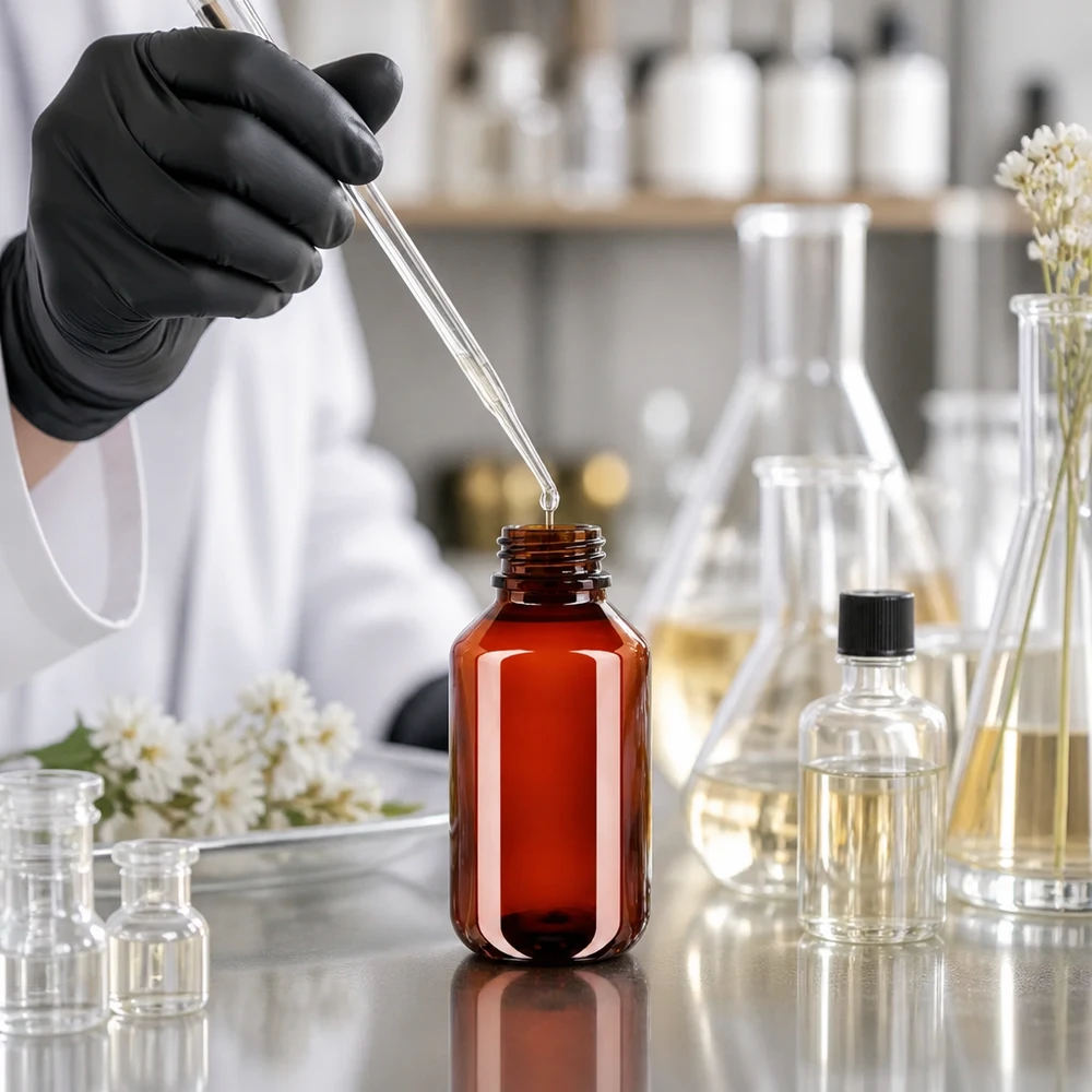 Brązowa butelka PET o pojemności 100 ml z oryginalnym zamknięciem na blacie laboratoryjnym obok kolby Erlenmeyera