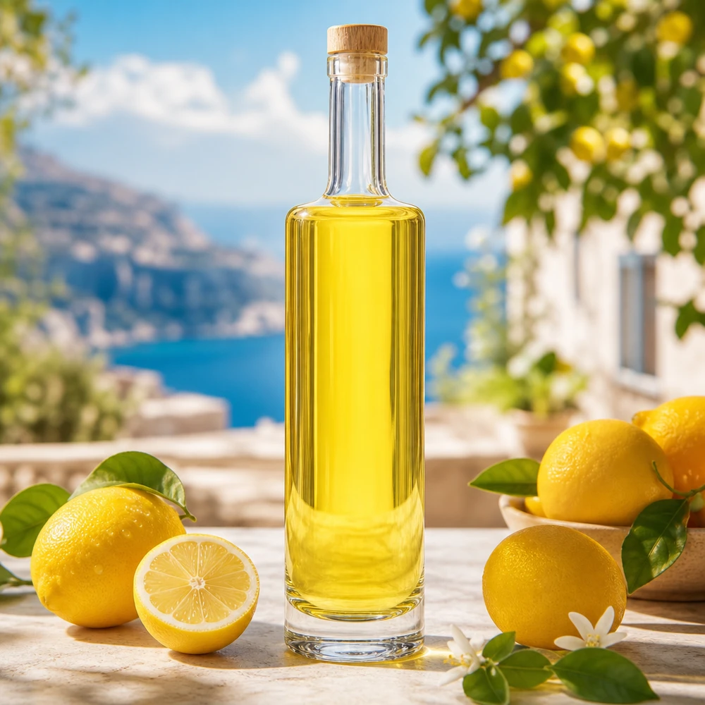 500 ml szklana butelka Lina z drewnianym korkiem wypełniona żółtym limoncello między świeżymi cytrynami w śródziemnomorskiej scenerii