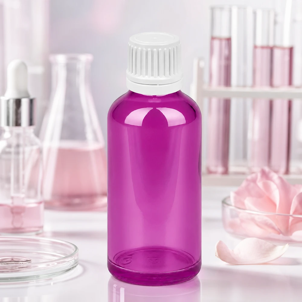 Kompaktowa butelka z fioletowego szkła o pojemności 50 ml z zakrętką zabezpieczającą przed dziećmi do laboratoriów i aptek