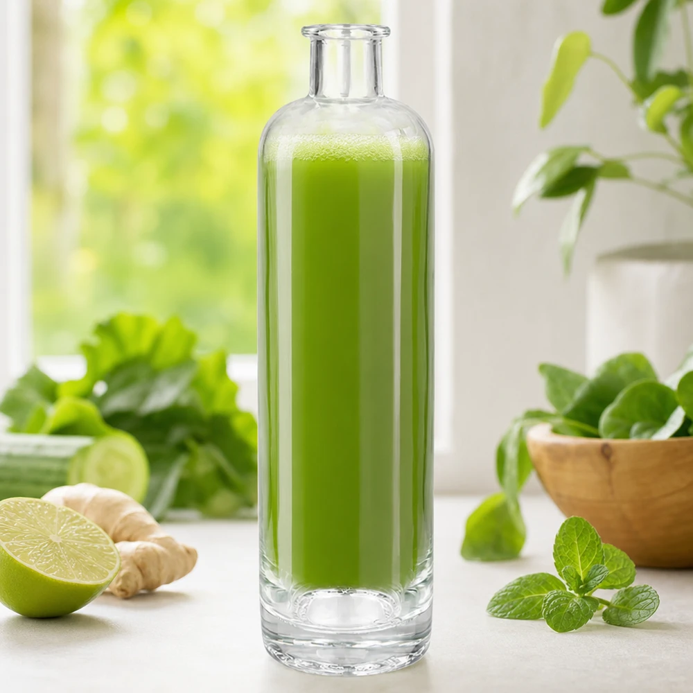 500ml Glasflasche Ella UNiTWIST mit grünem Smoothie gefüllt zwischen frischen Kräutern Ingwer und Limette Wellness-Ambie