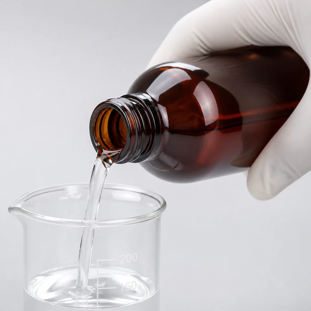 Przezroczysty płyn przelewa się z bursztynowej butelki PET o pojemności 250 ml do szklanej zlewki, używając rękawiczek laboratoryjnych