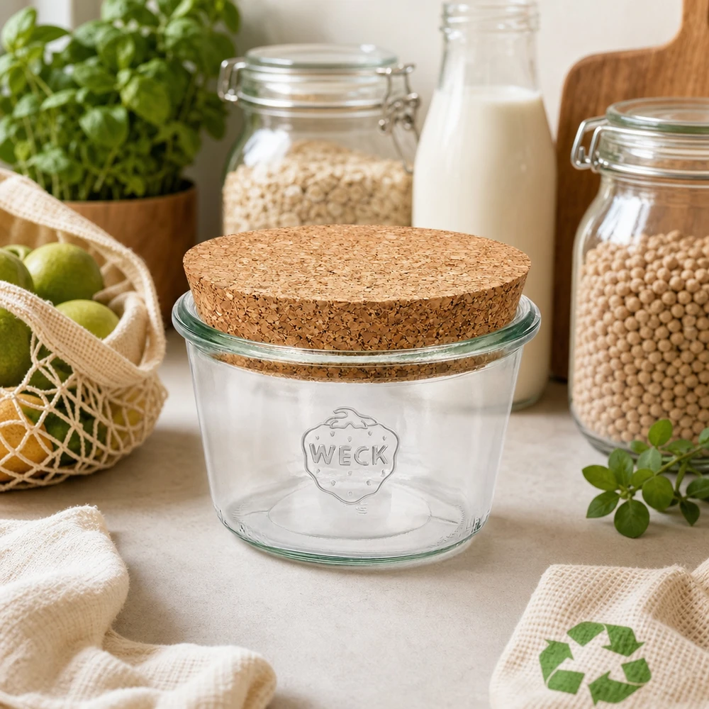 Tumbler 370ml WECK RR100 z korkiem naturalny Słoik WECK RR100 370 ml z korkową pokrywką w zrównoważonej kuchni zero waste ze słoikami do przechowywania i produktami ekologicznymi