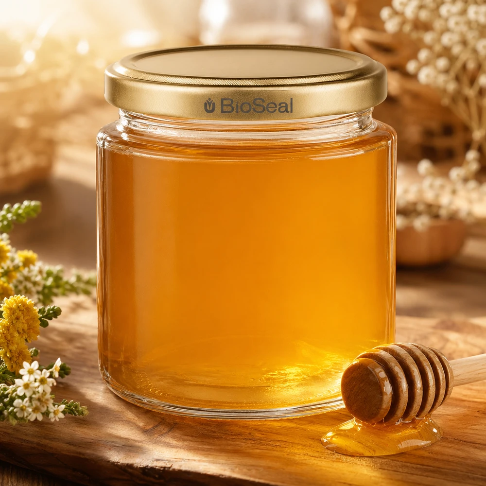 350g Honigglas + BioSeal Deckel gold UNiTWIST Słoik miodu o pojemności 250 ml wypełniony złocistym miodem, pokrywka BioSeal i łyżeczka do miodu, naturalna prezentacja z kwiatami