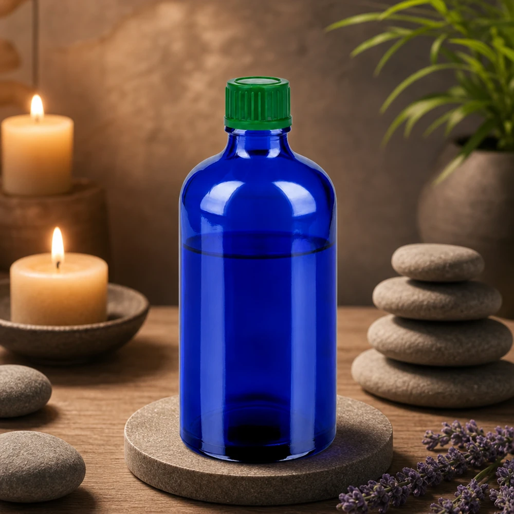 Butelka 100 ml 11 mm SV zielona STD BlueLine UT18/100 Kompaktowa szklana butelka o pojemności 100 ml w eleganckim niebieskim kolorze z praktyczną zieloną zakrętką