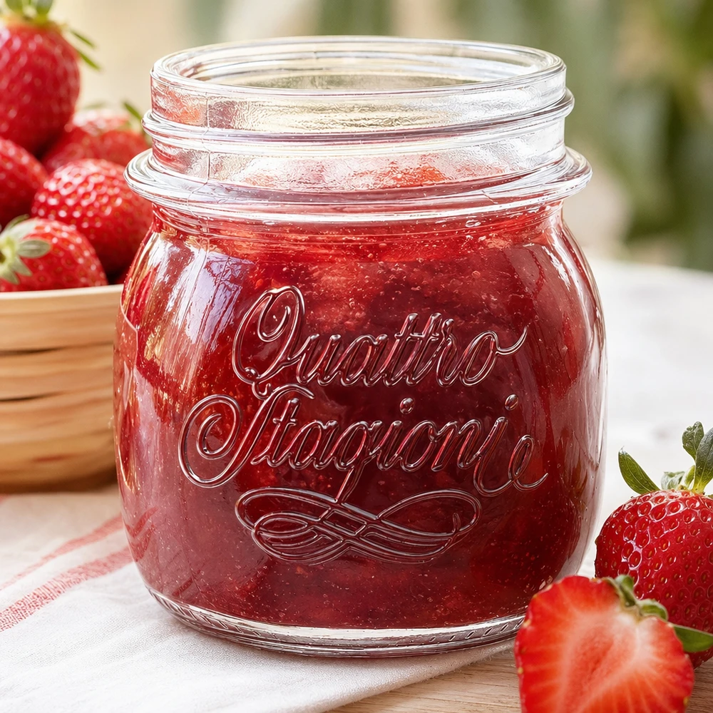 Szklanka domowa "Quattro Stagioni" o pojemności 250 ml 250 ml słoik Quattro Stagioni wypełniony dżemem truskawkowym obok świeżych truskawek na drewnianym stole