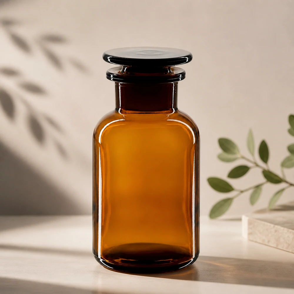 Butelka o zaokrąglonych ramionach, 250 ml, z brązowego szkła, z szeroką szyjką i szklanym korkiem, do przechowywania w ciemności