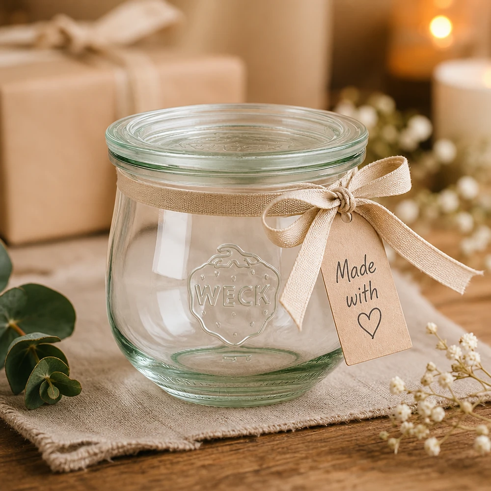Słoik tulipan o pojemności 370 ml ze szklaną pokrywką WECK RR80 Słoik WECK tulipan 370ml RR80 jako prezent z beżową kokardą i metką Made with Love w świątecznej atmosferze