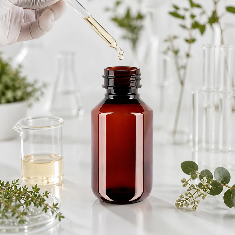 Butelka PET 100 ml z brązową nakrętką Standard Kompakte PET Rundflasche 100ml braun mit Standardgewinde für kosmetische Anwendungen