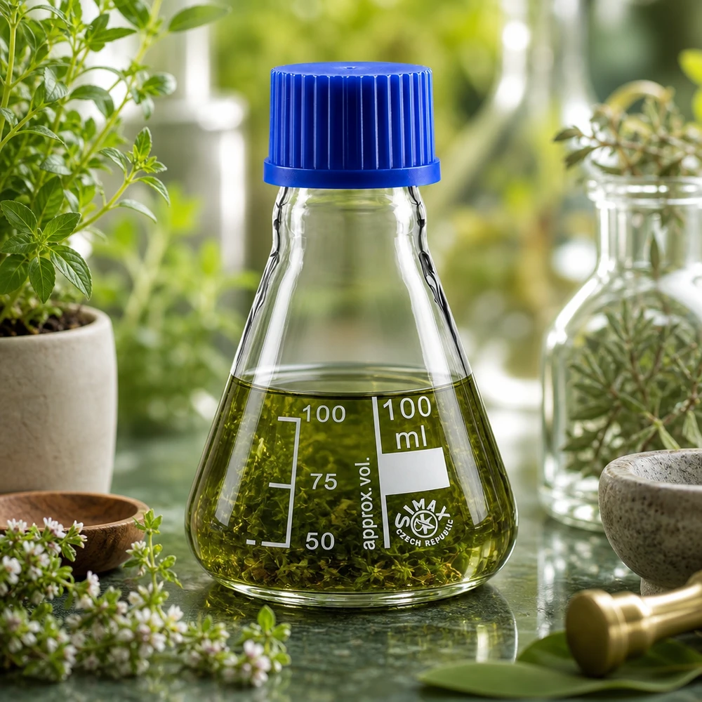Kolba Erlenmeyera 100 ml z zakrętką Kolba Erlenmeyera 100 ml z niebieskim korkiem, idealna do ekstraktów roślinnych i zastosowań botanicznych