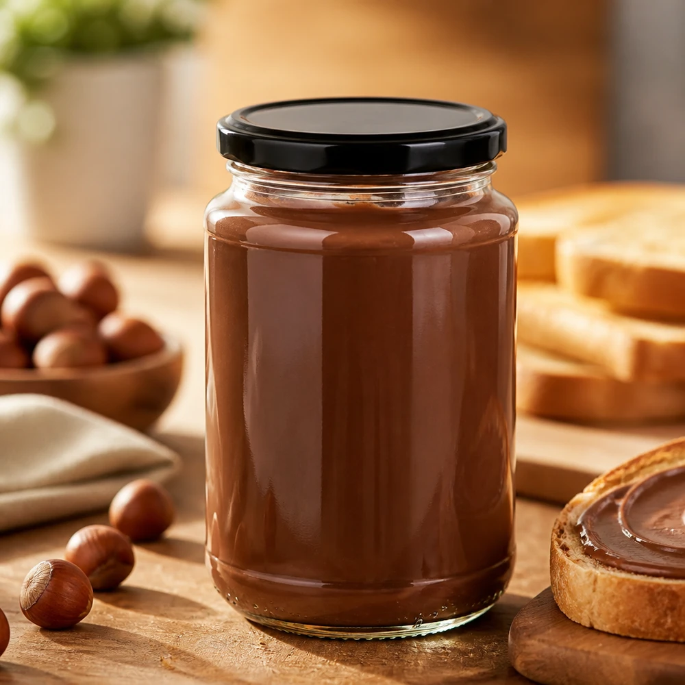 Okrągła szklanka UNiTWIST o pojemności 320 ml z czarną uszczelką BasicSeal, wypełniona kremem orzechowo-nugatowym, na drewnianej deseczce