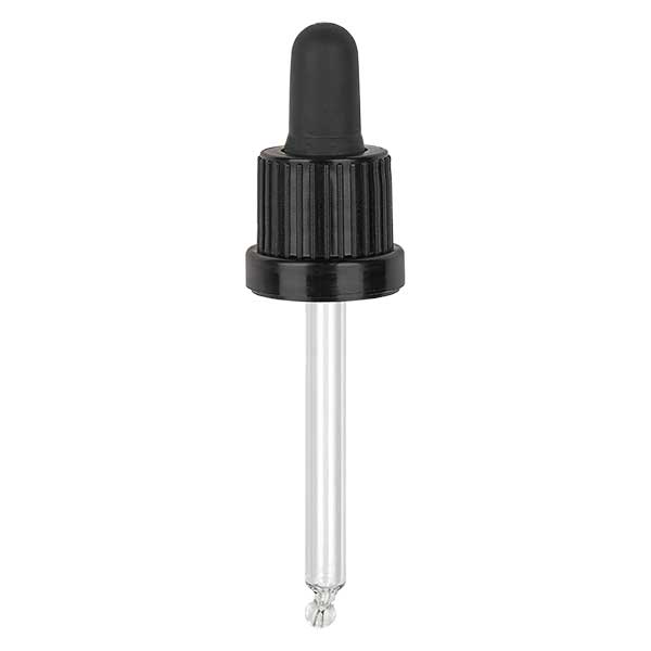 Nasadka do pipet czarna DIN18, długość pipety 61 mm z pierścieniem zabezpieczającym przed manipulacją. Nie przepuszcza alkoholu. Do ApoGlas® 15 ml Brown(+++) i 10 ml Mironglas(+++) z gwintem 18 mm.