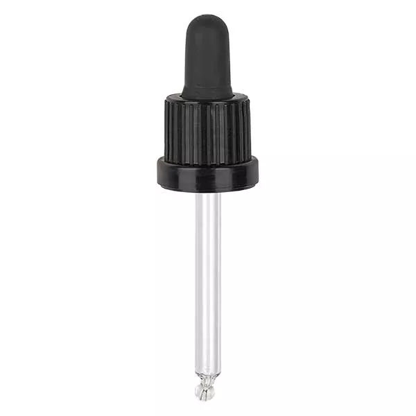 Nasadka do pipet czarna DIN18, długość pipety 61 mm z pierścieniem zabezpieczającym przed manipulacją. Nie przepuszcza alkoholu. Do ApoGlas® 15 ml Brown(+++) i 10 ml Mironglas(+++) z gwintem 18 mm.