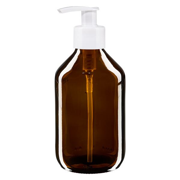 Butelka na lek 250 ml brązowa, z pompką dozującą białą ApoGlas. Farmaceutyczna jakość produkcji UE. Gwint 28 mm (PP28). (syrop, butelka z lekkiego szkła) Butelka na lek 250 ml brązowa, z pompką dozującą białą ApoGlas. Farmaceutyczna jakość produkcji UE. Gwint 28 mm (PP28). (syrop, butelka z lekkiego szkła)