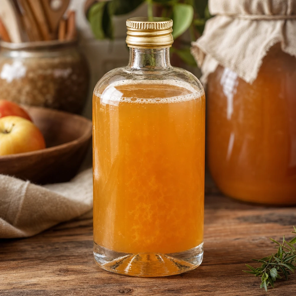 Butelka szklana 40 ml Sara z zakrętką w kolorze złotym UNiTWIST® Szklana butelka Sara o pojemności 40 ml z pomarańczową zawartością i złotą nakrętką UNiTWIST na rustykalnym drewnianym stole z jabłkami