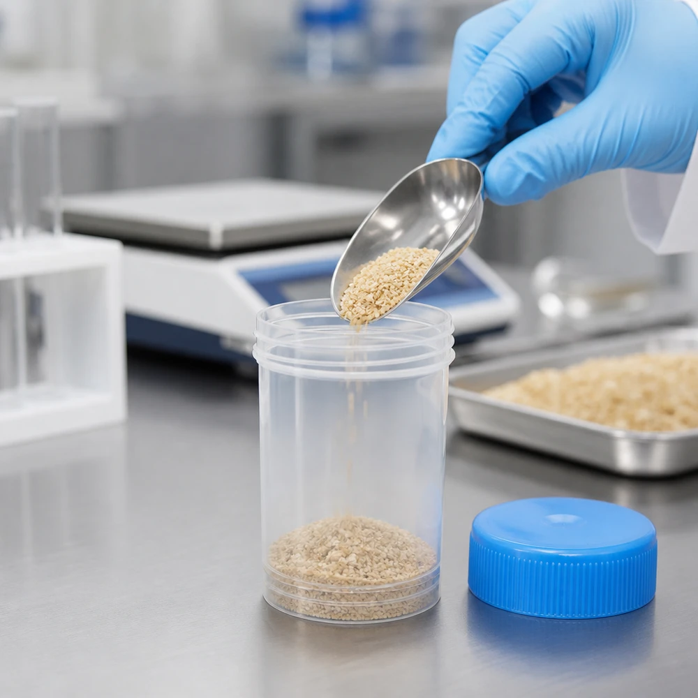 Uniwersalny plastikowy pojemnik (naczynie) 20 ml Ziarnisty granulat jest wsypywany metalową łopatką do przezroczystego plastikowego pojemnika o pojemności 20 ml z niebieską zakrętką