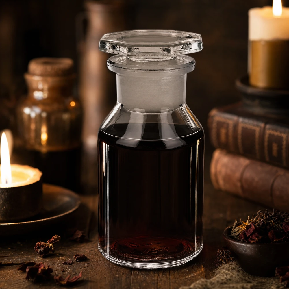 Butelka z wypukłą przednią ścianką, 50 ml, przezroczysta, z ośmiokątnym szklanym korkiem, w stylu vintage typowym dla aptek