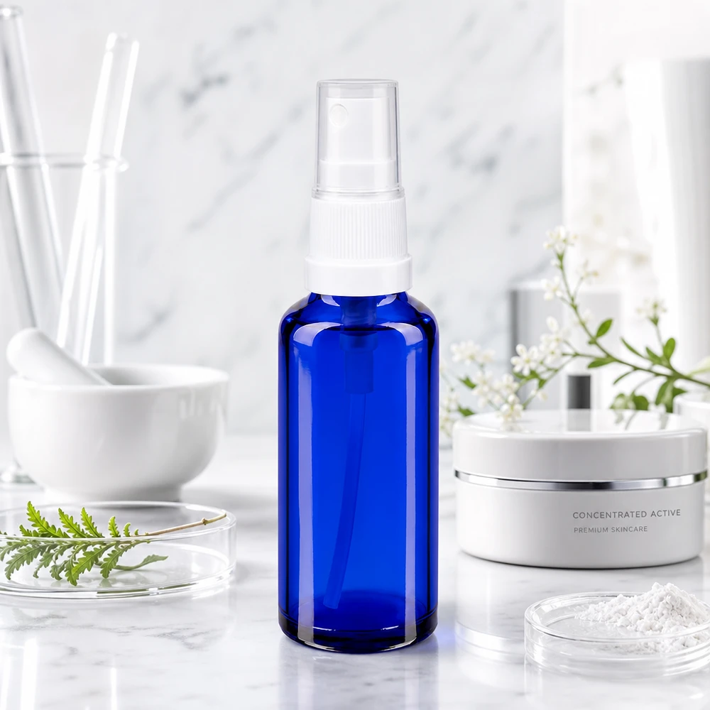 Butelka apteczna niebieska 30ml spray top biały Kobaltowo-niebieska szklana butelka apteczna z atomizerem o pojemności 30 ml z białym rozpylaczem w laboratorium kosmetycznym