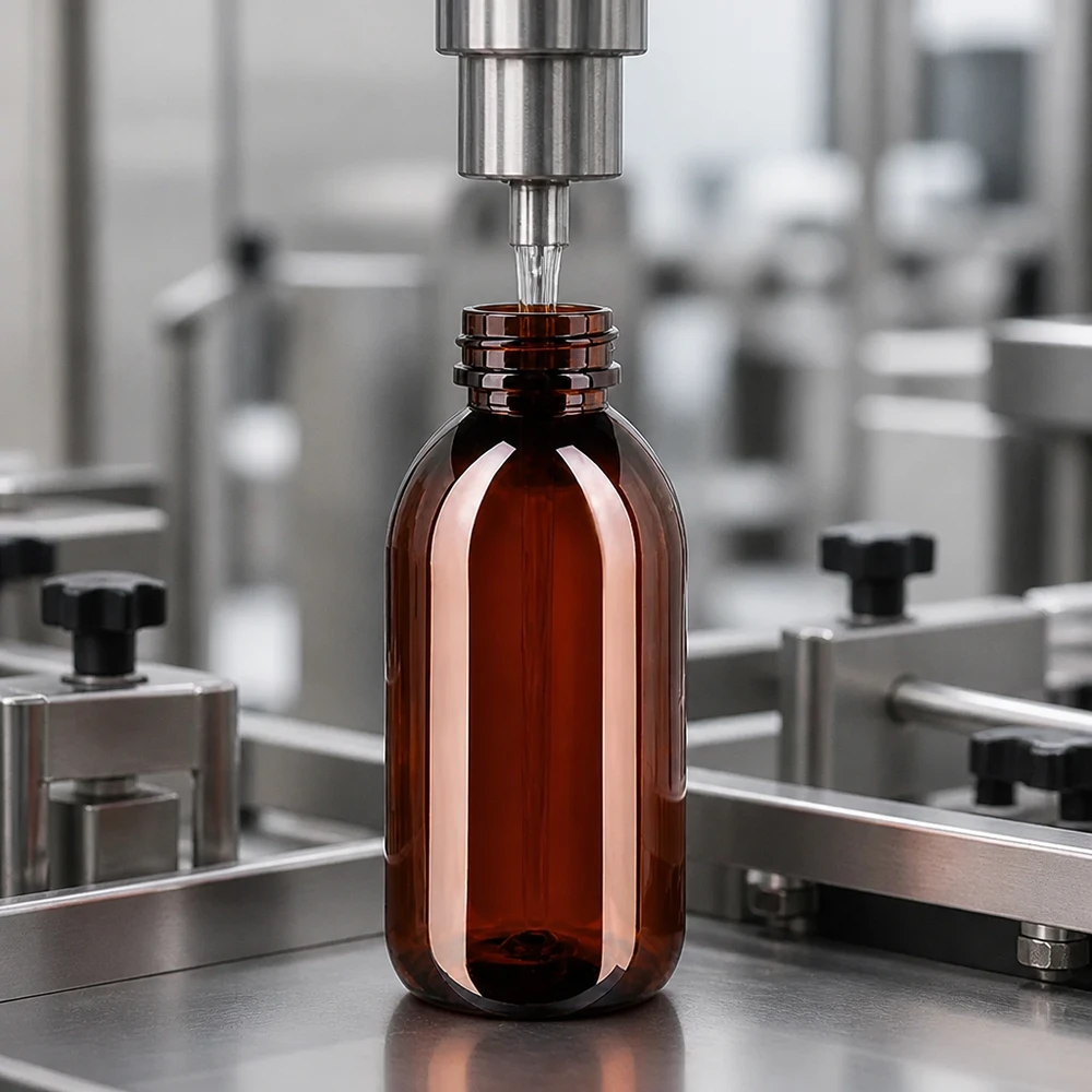 Abfüllmaschine befüllt braune PET Rundflasche 250ml mit Standardverschluss im Reinraumverfahren