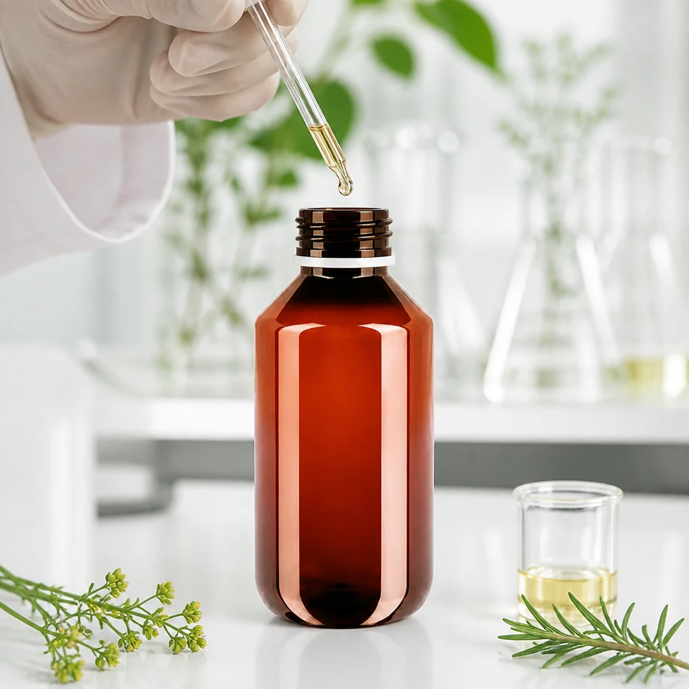 Butelka PET 200 ml z białą nakrętką typu flip-top. Bursztynowa butelka PET o pojemności 200 ml, otwarta, w laboratorium, z pipetą i ekstraktami naturalnymi