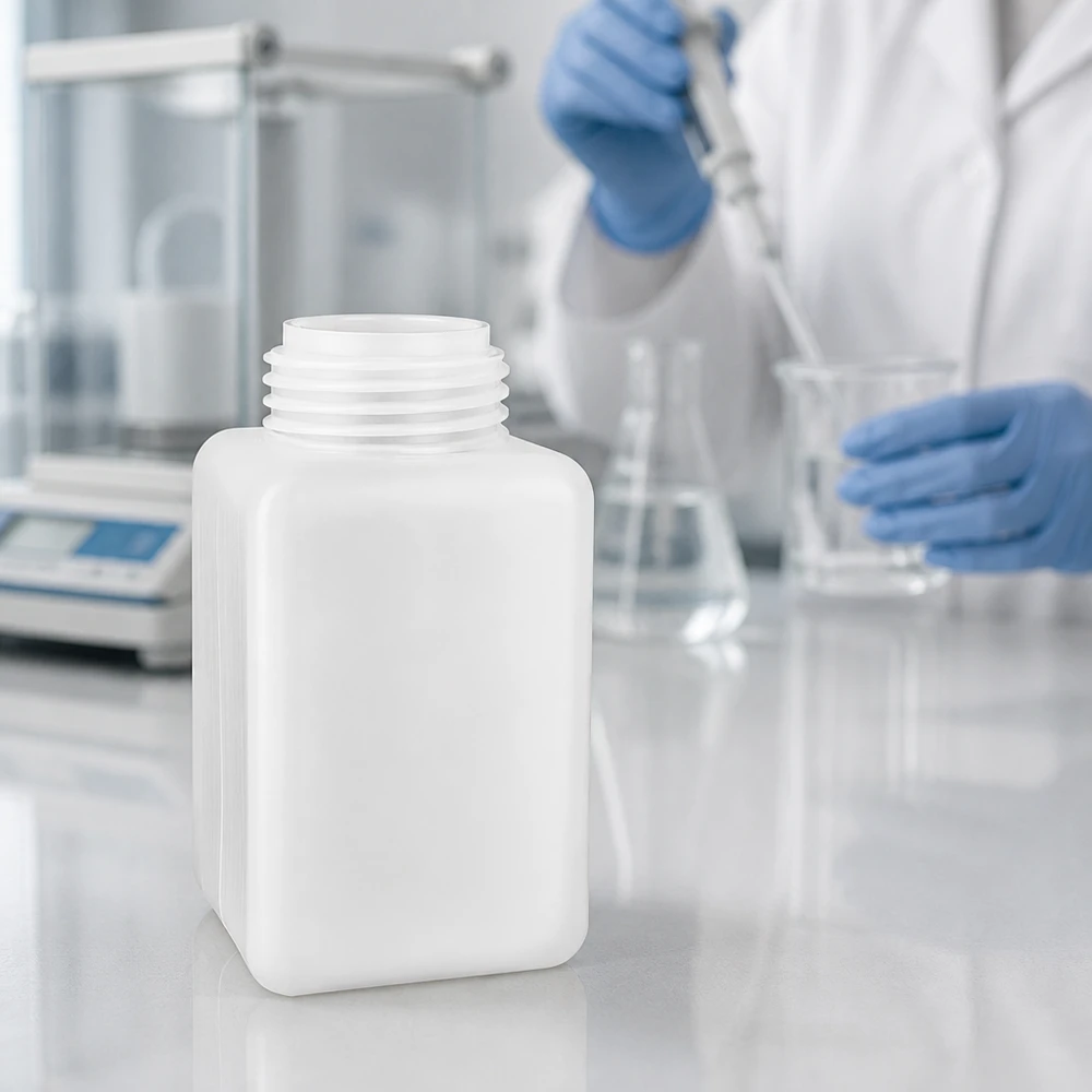 Butelka na chemikalia 1000 ml, wąska szyjka z PE-HD, kolor naturalny Butelka na chemikalia 1000 ml z PE-HD, z wąską szyjką, w kolorze naturalnym, półprzezroczysta, z gwintem śrubowym – widok szczegółowy