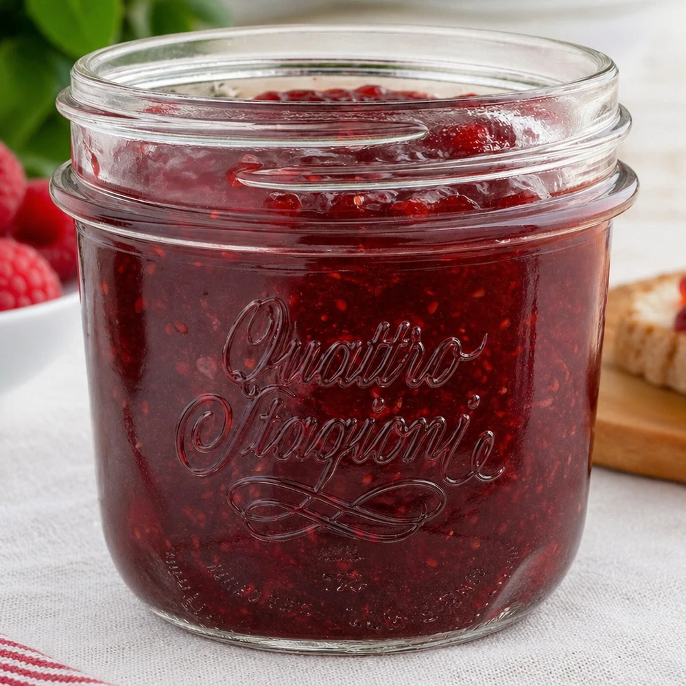 Szkło jubilerskie "Quattro Stagioni" o pojemności 200 ml Quattro Stagioni 200ml Einmachglas mit roter Marmelade gefüllt - perfekt für hausgemachte Konfitüren und Aufstriche