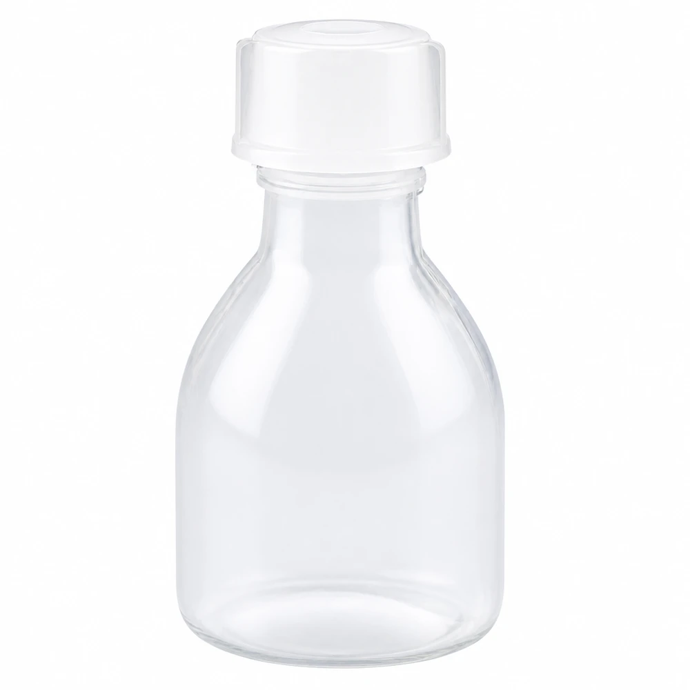 Butelka zakręcana 20 ml, butelka laboratoryjna z wąską szyjką Butelka z zakrętką o wąskiej szyjce, o pojemności 20 ml, wykonana z przezroczystego szkła, z białą zakrętką, przeznaczona do zastosowań laboratoryjnych