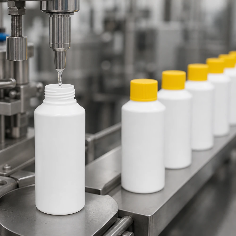 Automatyczne napełnianie białych butelek aptecznych z HDPE o pojemności 50 ml z żółtymi zakrętkami na taśmie przenośnikowej