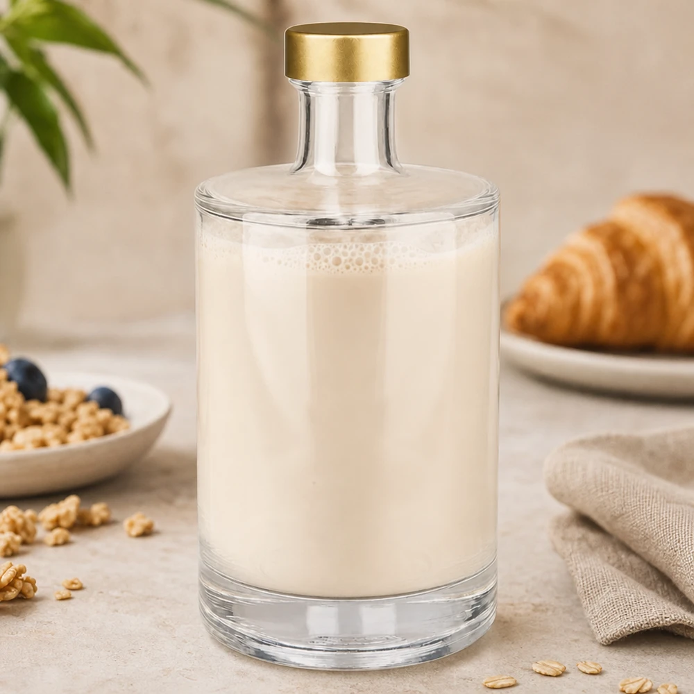 500ml szklana butelka Sam wypełniona białym mlekiem złota nakrętka UNiTWIST Breakfast Ambience Croissants Nuts