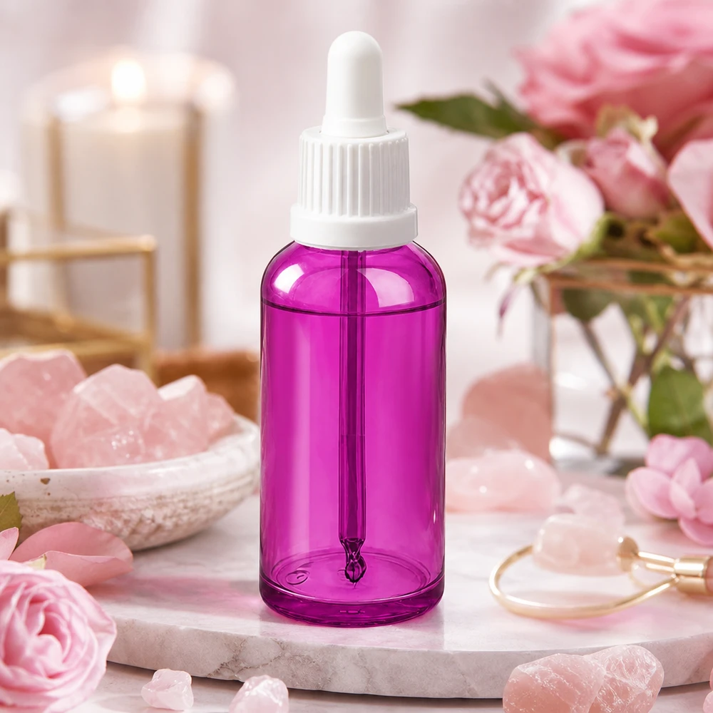 Kompaktowa fioletowa butelka 50 ml z pipetą do precyzyjnego dozowania serum i olejków