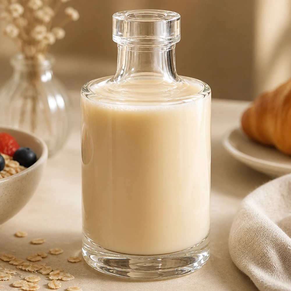 Szklana butelka 100 ml Marie bez zamknięcia UNiTWIST® 100 ml szklana butelka Marie z kremową zawartością w stylowej kuchennej oprawie z musli i płatkami owsianymi jako dekoracją