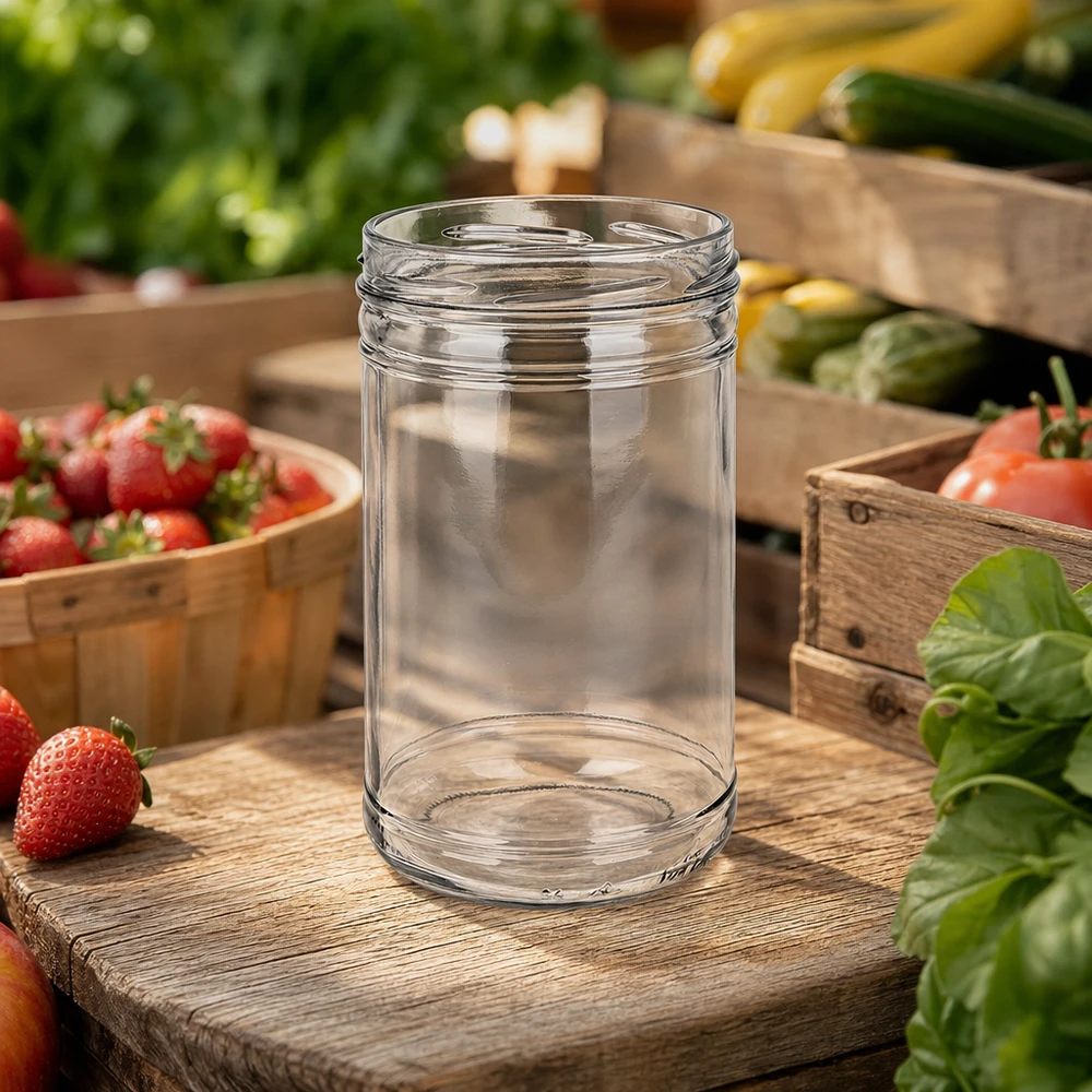 UNiTWIST tumblers 1053ml TO100 pusty słoik do przetworów między świeżymi warzywami i truskawkami na drewnianej desce w kuchni